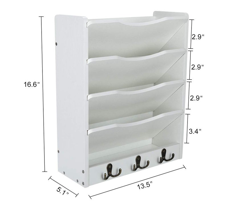 PAG 5-Tier Wall File Holder Hanging Mail Organizer Wood Magazine Literature Rack with 6 Hooks, White - Image 4